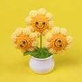 Handmade crochet sunflower potted plant with three yellow smiley faces in a white pot - 3-Head Sunflower Smile Potted Plant