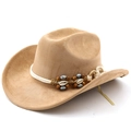 Detail of western cowboy hat with white woven rope, wooden beads and natural shells - M (56-58cm) / Dark Camel