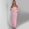 Robe de soirée rose bustier avec gants assortis et accessoire de cou en coupe ajustée - Rose