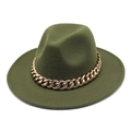 Detail of dark green felt fedora featuring a bold gold metal chain band decoration - M (56-58cm) / Army Green