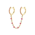 Detailed view of gold double hoop earrings with pink zircons and connected link chain - Rose Red (Gold) Single Piece