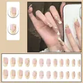 Short ballerina press-on nails with nude pink and cream white french tip gold foil - Nude Pink Patchwork Gold Foil Coffin Nails (Y-40) / Glue Type