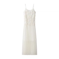 Elegant white spaghetti strap dress with 3D floral bodice and pleated tulle skirt - S / Milky White