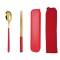 Portable gold stainless steel spoon and chopsticks set with red handles in a red box - Red Gold Spoon Chopsticks 2-piece Set with Mesh Bag
