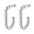 Polished silver stainless steel C-shaped stud earrings featuring welded metal beads - G-Shape Welded Pin (MS-345) / Steel