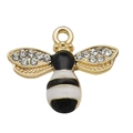 Golden bee alloy pendant with black and white enamel and sparkling rhinestones - 1pc Black Enamel Bee 18x22mm with Rhinestones