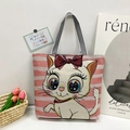 Pink striped canvas tote bag with cute cartoon cat print and black striped straps - Style 12 - Big Eye Cat (Pink White Stripes)