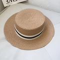 Flat top straw boater hat with black and white striped ribbon for kids sun protection - Black Stripes - Khaki / Adult 56-58cm