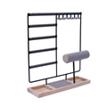 Black metal jewelry organizer with wooden base for earrings, necklaces and watches - Multifunctional 5-tier / Black