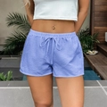 Women's blue waffle texture casual shorts with drawstring waist in a stylish fit - Dark Blue