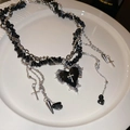 Close-up of gothic layered necklace with heart cross charms and black gravel stones - Necklace-Black