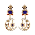 Orecchini asimmetrici vintage in oro con luna blu, stella e perle bianche - Blu Reale