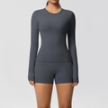 Detail of high-stretch double-sided brushed fabric on grey yoga long sleeve and shorts set - Graphite Grey