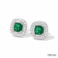 Elegant silver square stud earrings featuring green zircon and halo micro-inlays - Silver Green Zircon