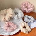 Floral tulle scrunchies in soft pink, blue, and cream colors on a white plate - 6-Piece Set (Mixed Sizes)