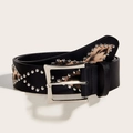 Punk style leather belt with silver rivets and leopard print panels for women - Black Leopard Rivet Patchwork