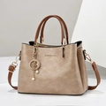 Khaki PU leather tote bag with brown straps and celestial star moon charm detail - Khaki