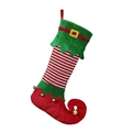 Chaussette de Noël motif elfe avec rayures rouges et blanches et grelots dorés - Haut Vert