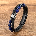 Double-layer braided leather bracelet with blue beads and magnetic steel clasp - 23CM / Black Style 7