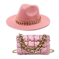 Pink woven straw hat with chunky gold chain paired with a matching puffy crossbody bag - M (56-58cm) / Dusty Pink Hat + Bag