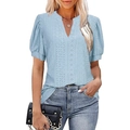 Women's light blue V-neck t-shirt with hollow-out embroidery and puff sleeves - S / Sky Blue