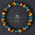 Macro shot of tiger eye and turquoise beads with retro bronze spacers on black background - Tiger Eye Cyan Beads Retro Copper Style (Wealth-5)