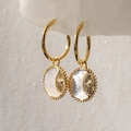 Vintage 18K gold-plated hoop earrings with sunburst coin and mother of pearl pendants - Gold
