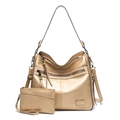 Detail of champagne gold tote bag set with zippers and adjustable shoulder strap - Two-Piece Set / Gold
