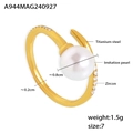 Golden titanium steel open ring featuring a zircon accent and elegant white imitation pearl - US 7 / Gold