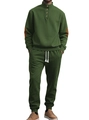 Detail of dark green knit tracksuit with stand collar sweater and brown elbow patches - S / Army Green