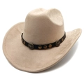 Detail of beige faux suede cowboy hat featuring black leather band and bull metal emblem - M (56-58cm) / Camel