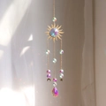 Detailed sun-shaped metal dreamcatcher with AB rainbow crystal beads and moon charms - Sun Moon and AB Star Style (A23)
