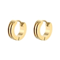 Close-up of golden stainless steel hoop earrings with three parallel industrial grooves - Double Groove / Gold