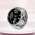 Silver alloy ring watch with black dial and elastic stretch band for men and women - Black