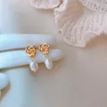 Elegant gold rose and freshwater pearl drop earrings in a vintage baroque style - 9# Rose & Pearl (Silver Needle)