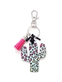 Blue leopard print cactus keychain with pink tassel and silver metal keyring - Blue Pink Black Leopard Cactus/Pink Tassel