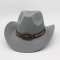 Detail of grey felt cowboy hat with bronze bull head buckle on a brown braided band - One Size / Gray