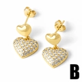 Orecchini pendenti a cuore placcati in oro con scintillanti zirconi micro-pavé - Stile Doppio Cuore con Pavé di Strass (B)