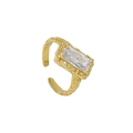 Adjustable gold ring with hammered texture and a rectangular zircon stone - Adjustable Open / 18k Gold / White Zircon