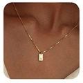 14K gold plated rectangle pendant necklace featuring an engraved letter S on box chain - Box Chain/Letter S / Gold-S
