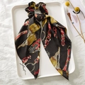 Satin ponytail hair tie with chain belt pattern and long scarf streamers in black - Black Red Chain