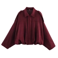 Detailed flat lay of wine red faux suede bomber jacket featuring lapels and shoulder tabs - Burgundy