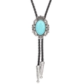 Western Bolo Tie with crown-shaped silver frame and oval turquoise stone on black cord - Turquoise