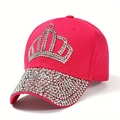 Women's rose red baseball cap with rhinestone crown and sparkly brim for outdoor sun protection - Adjustable / Rose Red