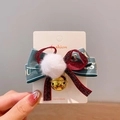 Weihnachts-Haarspange mit grünen und roten Bändern, weißem Bommel und Goldglöckchen - 11# Plüschball Glocke Haarklammer