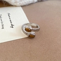 Detail of cross open ring with two oval tiger eye stones on textured background - Adjustable Open / Silver-Coffee (Double Stone Spiral)
