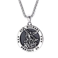 Silver St. Michael Protect Us religious coin pendant necklace with angel and dragon relief - A0602-1 Archangel (Steel Color Pendant Only)