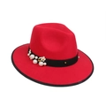Red fedora hat for women with black ribbon, white pearls and floral accents on white background - M (56-58cm) / Red (88 Series Pearl Flower Decor)