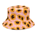 Detailed view of pink bucket hat with sunflower print and durable stitched cotton fabric - M (56-58cm) / Pink