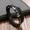 Close-up of multilayer men's leather bracelet with black beads and silver anchor charms - Anchor Multi-layer Bracelet / Black + Obsidian